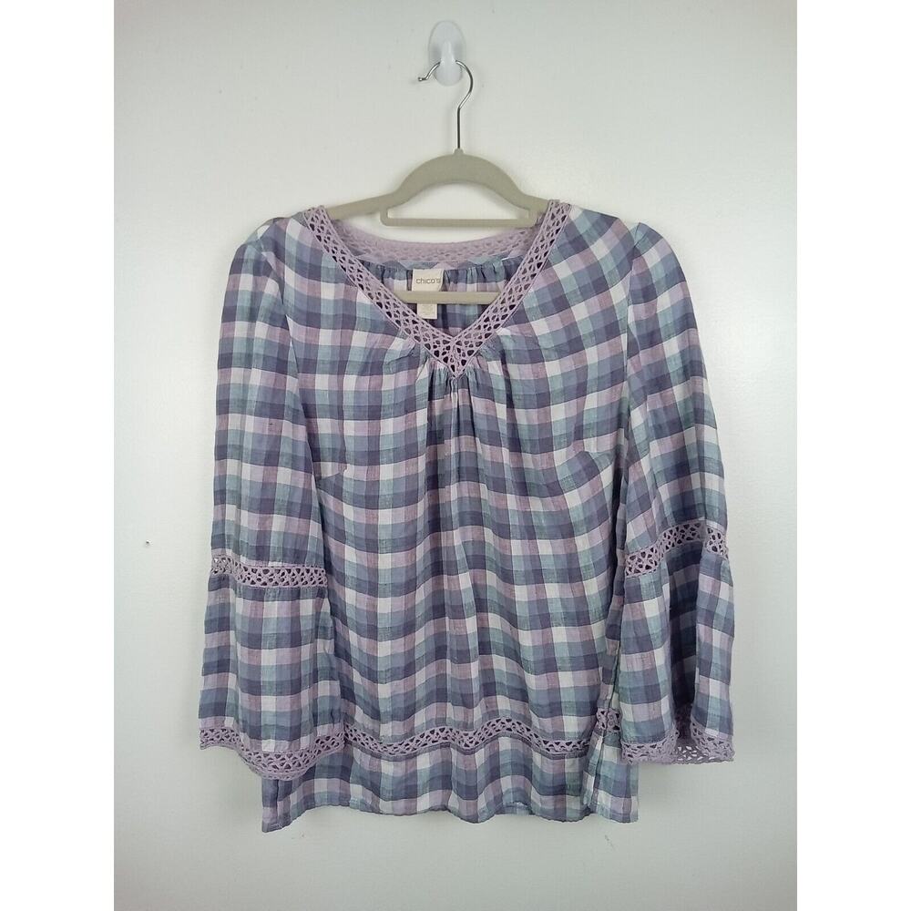 Chico's Women's 100% Linen Popover Top Size 1 / Med Purple Blue Gingham Plaid